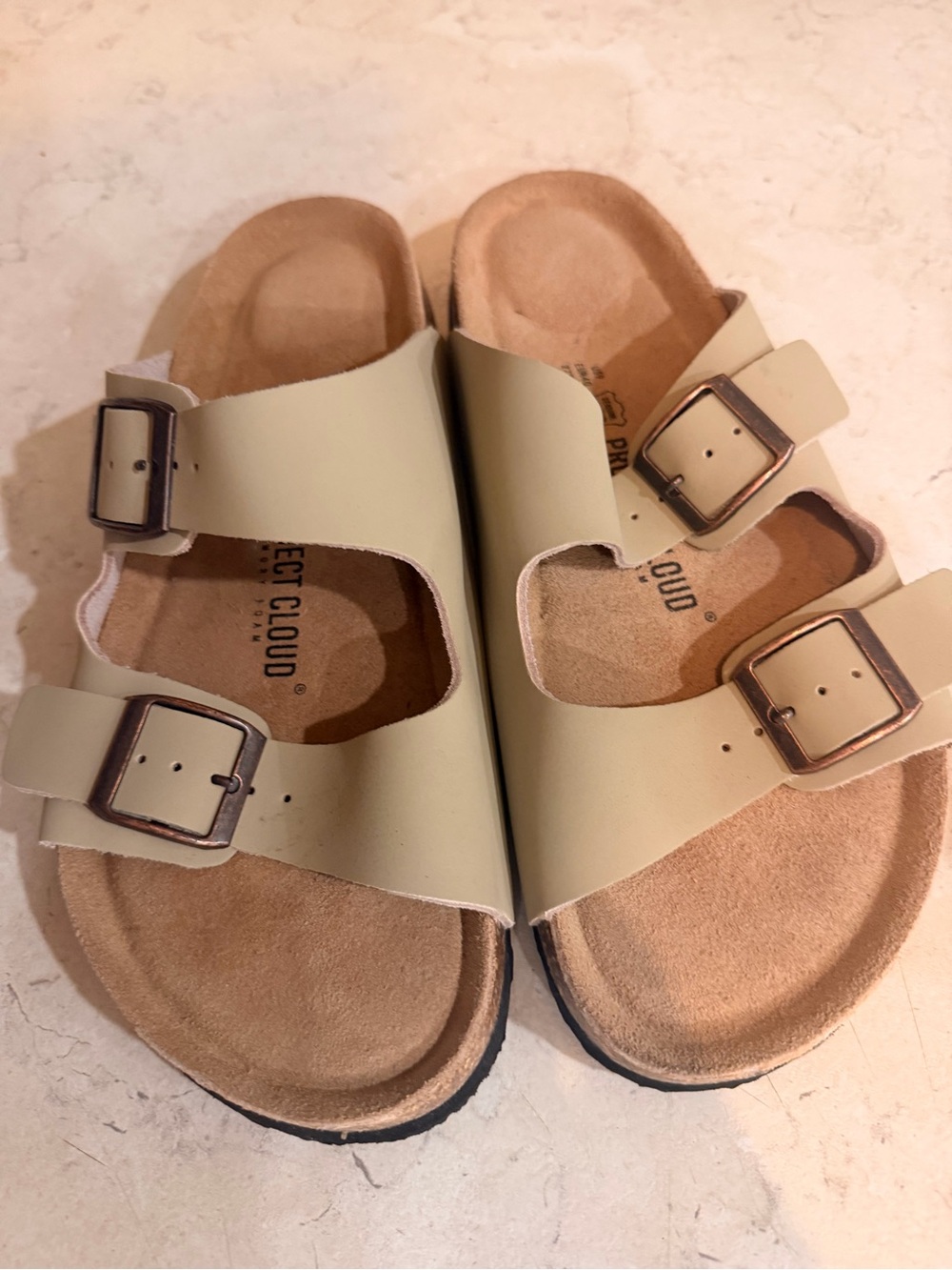 Womens Double-Buckle Sandals in Light Beige